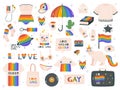 Lgbtq hand drawn elements. Cute lgbtq pride equality symbols, flag, rainbow, gender and peace signs. Pride month