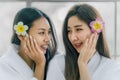 Lgbtq lesbian couple having goodtime relaxing together in spa salon