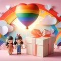 LGBTQ lovers gift box with a large rainbow heart balloon of rainbow colors