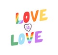 LGBTQ love, colorful lettering sticker. Multicolored rainbow quote, LGBT phrase for homosexuality, bisexualty, queer