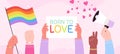 Lgbtq love parade support banner. Trans gay community pride flags. Transgender people, lgbt month. Hands hold rainbow
