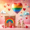 LGBTQ lovers gift box with a large rainbow heart balloon of rainbow colors