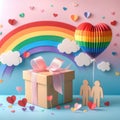 LGBTQ lovers gift box with a large rainbow heart balloon of rainbow colors