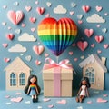 LGBTQ lovers gift box with a large rainbow heart balloon of rainbow colors