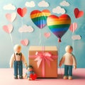 LGBTQ lovers gift box with a large rainbow heart balloon of rainbow colors