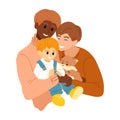 LGBTQ parents hugs their child and dog. Young LGBT family consists of two fathers and a boy. Happy same-sex male couple