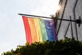 An LGBTQ Pride flag in an office building - Mexico City, Mexico Royalty Free Stock Photo
