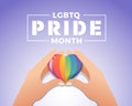 LGBTQ pride month banner with hand hold care rainbow heart sign on white purple background vector design Royalty Free Stock Photo