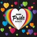 LGBTQ pride month banner text on colorful rainbow Heart paper hang on black background Royalty Free Stock Photo