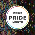 LGBTQ pride month circle banner on colorful rainbow conner curve line dash pattern texture and black background vector design