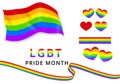 LGBTQ pride month vector set of elements in rainbow colors like: heart, pride flag, rainbow ribbons, text.