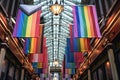 LGBTQ pride rainbow flags in two rows in city