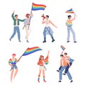 LGBTQ pride vector flat illustration. Lesbian, gay, bisexual, transgender male and female characters.