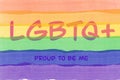 LGBTQ+ sexual diversity concept. Text PROUD TO BE ME. On rainbow flag watercolor background. Abstract illustration flat art