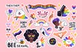 LGBTQ stickers pack. Pride month set. Rainbow, hearts, cute unicorn, cat icons. LGBT progressive flag, lesbian kiss