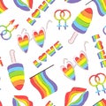 LGBTQ vector seamless pattern with pride symbols and rainbow colors. Pattern with flag, lips, ice cream, glasses and