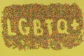 LGBTQ word and plus sign mwritten in sprinkles on a yellow background