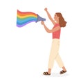 LGTB activist holding megaphone or loudspeaker with rainbow colors at pride parade. Lesbian Queer Girl walking at