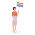 LGTB activist with short hair in shorts at pride parade holding placard with rainbow flag with heart. Lesbian Girl at