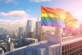 LGTB flag waving on a skyscraper, city cityscape at the background, LGTBQ community rainbow progress flag simbol with bright sun