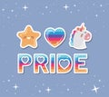 Lgtbi pride and kawaii unicorn and star with heart vector design