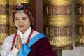Lhasa, Tibet, China, Chengguan District, June 27 2019: closeup of beautiful young make up girl wearing traditional Tibetan clothes