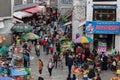 View on crowded street market in an alley of Tibet`s capital Lhasa