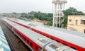 LHB passenger coaches of Indian Railways converted into quarantine/isolation wards for corona virus patients. High angel view.