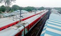 LHB passenger coaches of Indian Railways converted into quarantine/isolation wards for corona virus patients. High angel view.