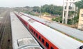 LHB passenger coaches of Indian Railways converted into quarantine/isolation wards for corona virus patients. High angel view.