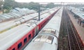 LHB passenger coaches of Indian Railways converted into quarantine/isolation wards for corona virus patients. High angel view.