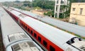 LHB passenger coaches of Indian Railways converted into quarantine/isolation wards for corona virus patients. High angel view.