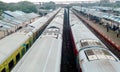 LHB passenger coaches of Indian Railways converted into quarantine/isolation wards for corona virus patients. High angel view.