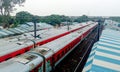 LHB passenger coaches of Indian Railways converted into quarantine/isolation wards for corona virus patients. High angel view.