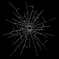 Bullet hole in glass isolated on black background. Cracked mirror texture. Royalty Free Stock Photo