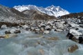 Lhotse mountain peak behide samll canal, Everest region, Nepal