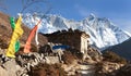 Lhotse, Nuptse and buddhist prayer walls and flags Royalty Free Stock Photo