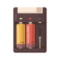 Li-ion cylinder accumulators charged in charger holder, case with slots for rechargeable batteries. Recharger