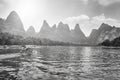 Li River landscape with bamboo rafts, China. Royalty Free Stock Photo