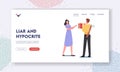 Liar and Hypocrite Landing Page Template. Sneaky Insincere Man Holding Axe Giving Gift to Woman. Hiding True Feelings