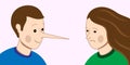 Liar man with long nose, cheating on partner woman. Dishonest relations concept vector illustration Royalty Free Stock Photo