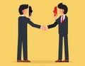 Liar or suspicion fraud, betrayal or disguise deal. businessmen handshake both holding mask to hide real thought.