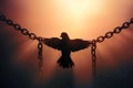 Liberation symbolism Pigeon shadow breaks chains, heralding freedom under morning sun