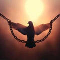 Liberation symbolism Pigeon shadow breaks chains, heralding freedom under morning sun