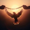 Liberation symbolism Pigeon shadow breaks chains, heralding freedom under morning sun