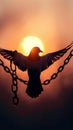 Liberation symbolism Pigeon shadow breaks chains, heralding freedom under morning sun