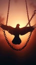 Liberation symbolism Pigeon shadow breaks chains, heralding freedom under morning sun