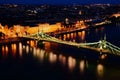 The Liberty bridge in Budapest. aerial evening view of the Danube at blue hour