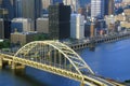 Liberty Bridge over Monongahela River at sunset with Pittsburgh skyline, PA