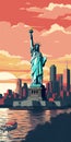 Vintage Poster Design: New York City With Statue Of Liberty At Sunset